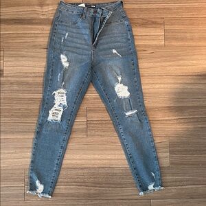 Fashion Nova High Waist Distressed Blue Jeans | Size 9